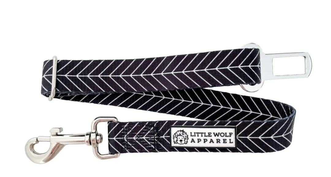 Black and white dog seat belt